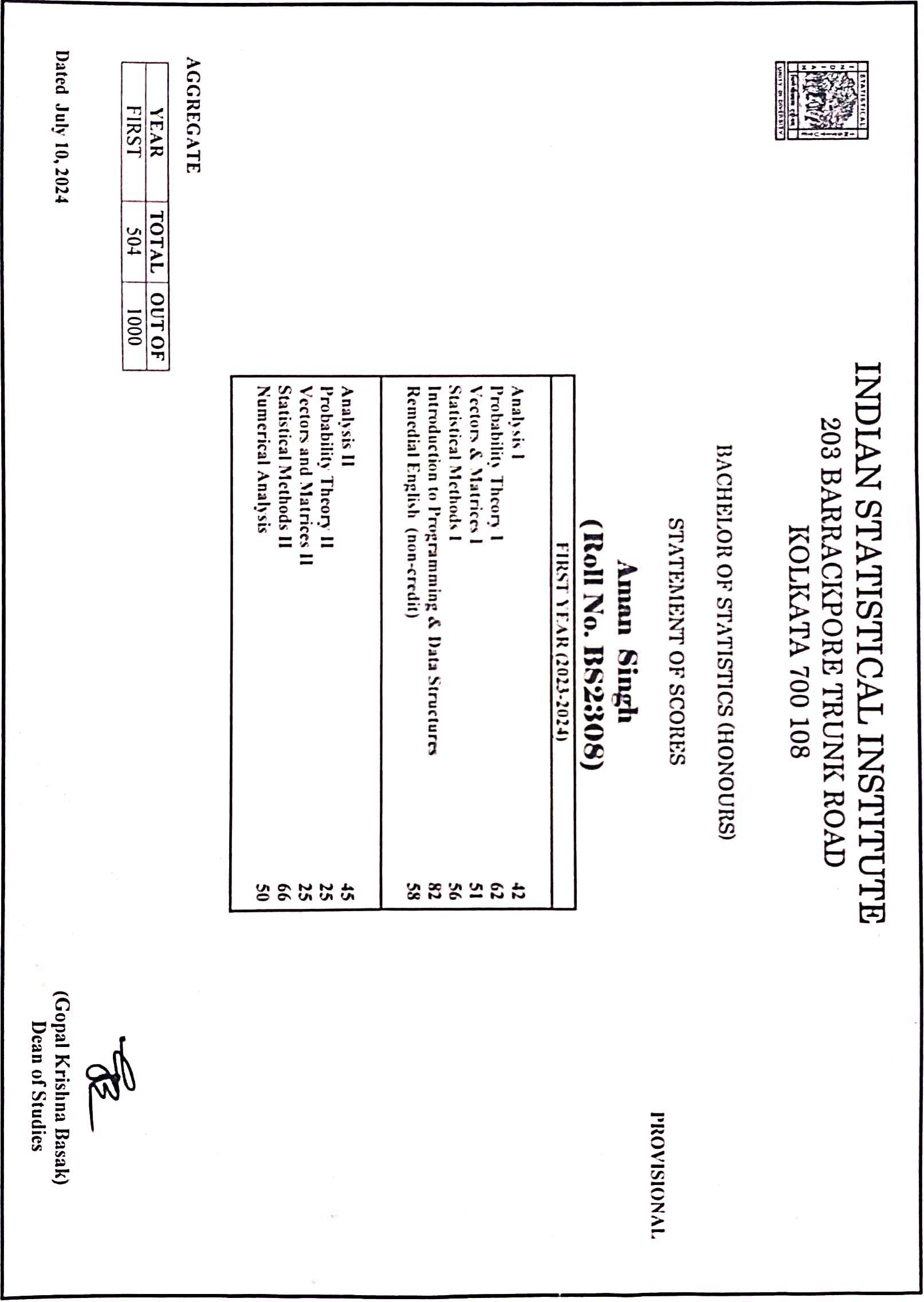 Provisional Result First year
